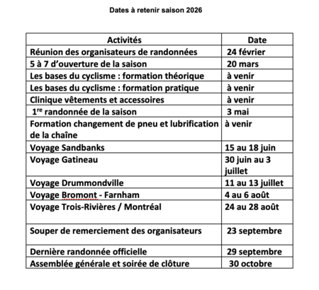 Dates a  retenir 2026